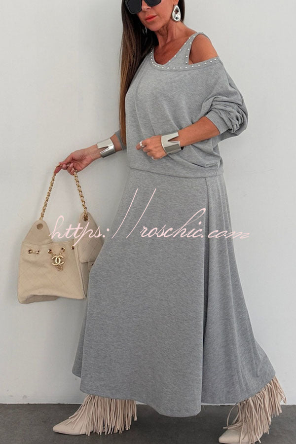 Samara Modal Beaded Detail Batwing Sleeves Loose Top and Tank Slit Maxi Dress Two Pieces Set, view 5 - Elena Harper