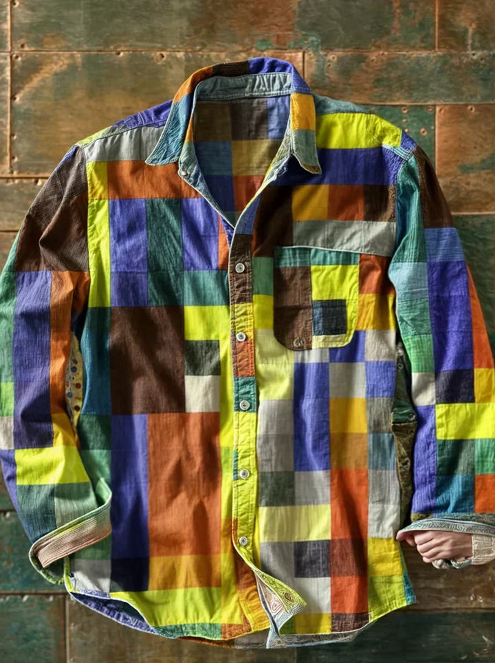 Men's Colorblock Patchwork Long Sleeve Shirt - Elena Harper