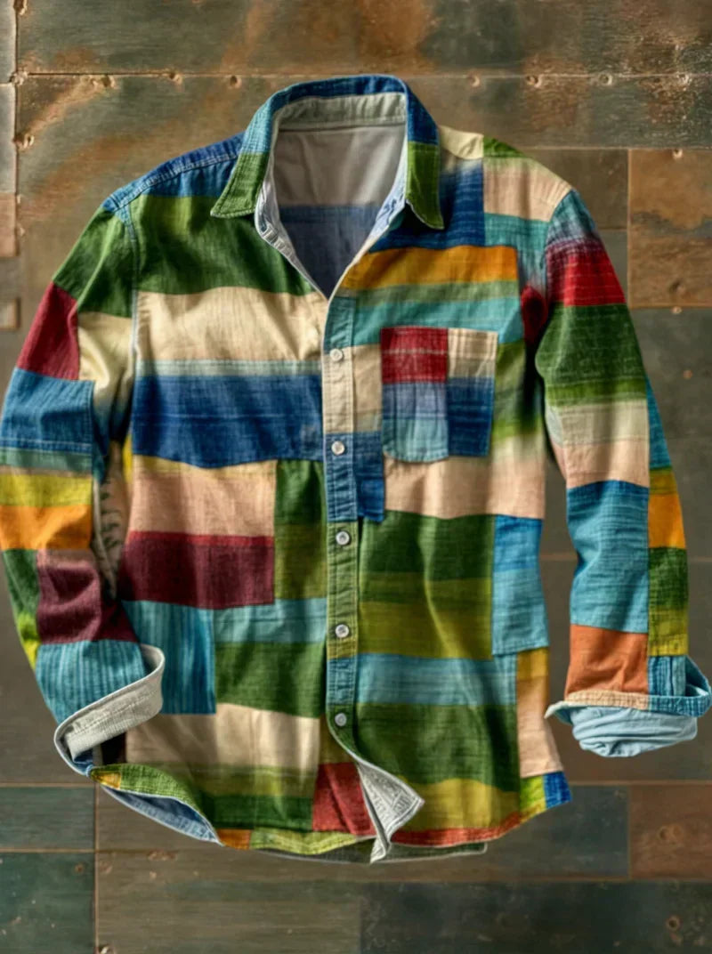 Men's Colorblock Patchwork Long Sleeve Shirt - Elena Harper