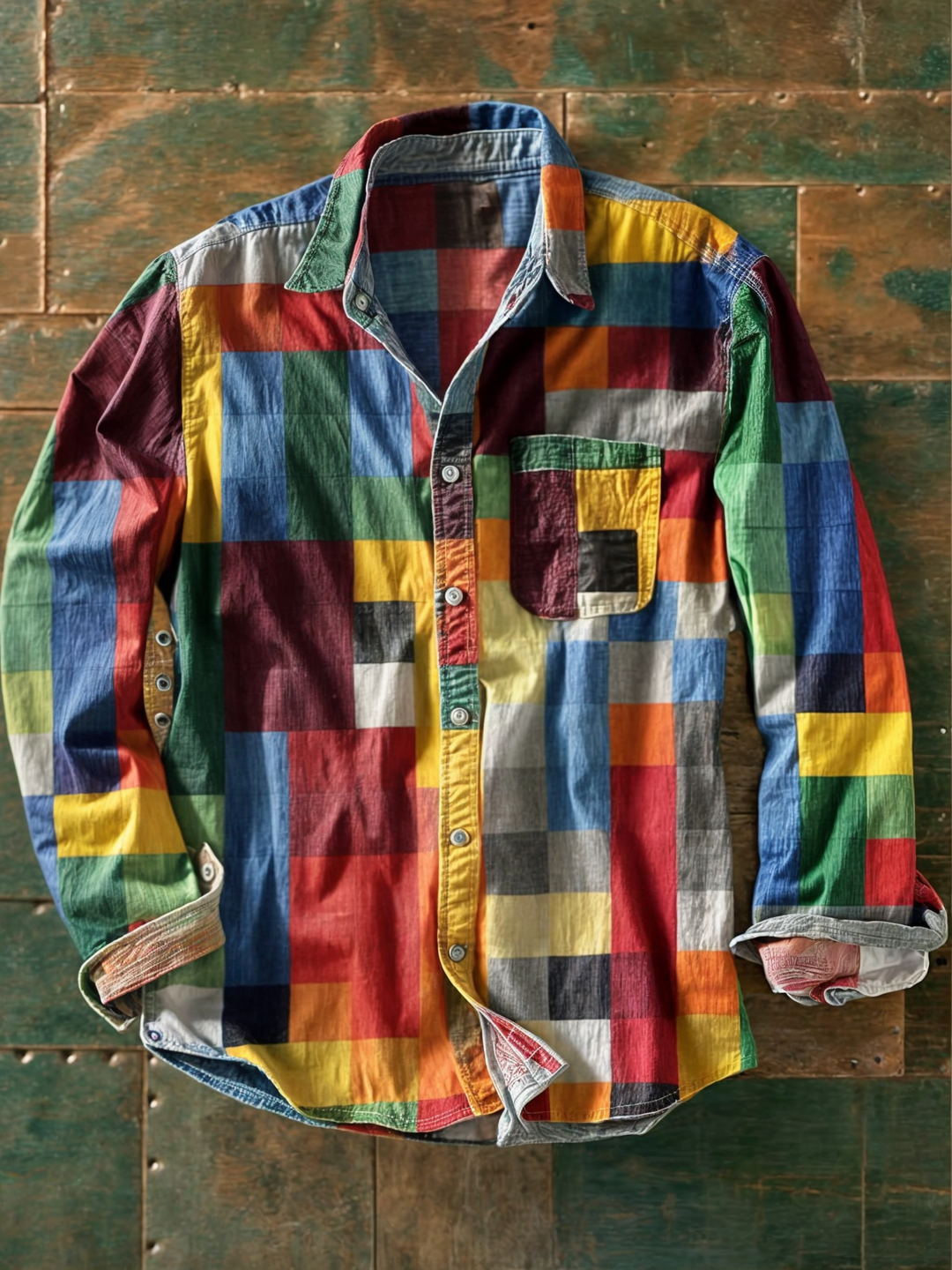 Men's Colorblock Patchwork Long Sleeve Shirt - Elena Harper