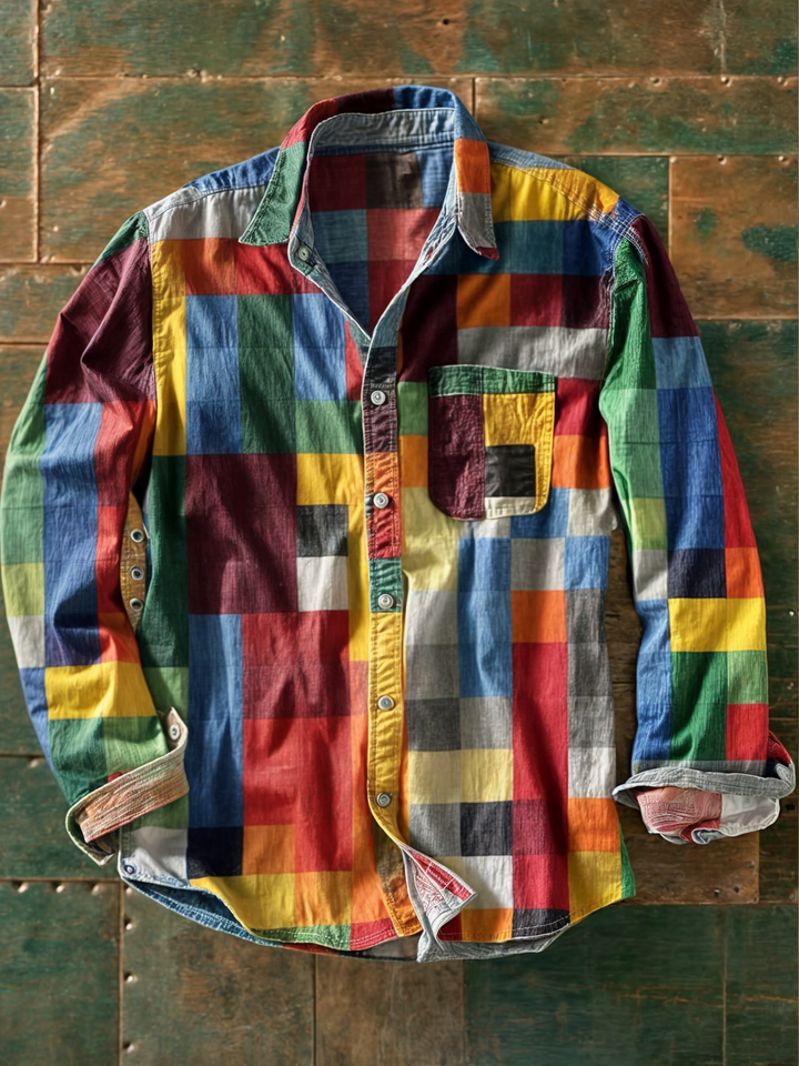 Men's Colorblock Patchwork Long Sleeve Shirt - Elena Harper