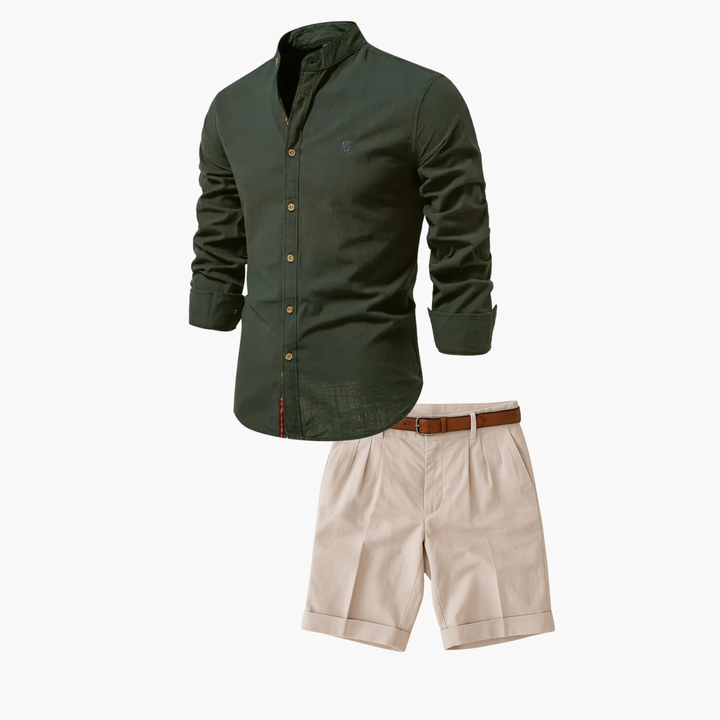Men's Mao Collar Shirt and Shorts Set - Elena Harper