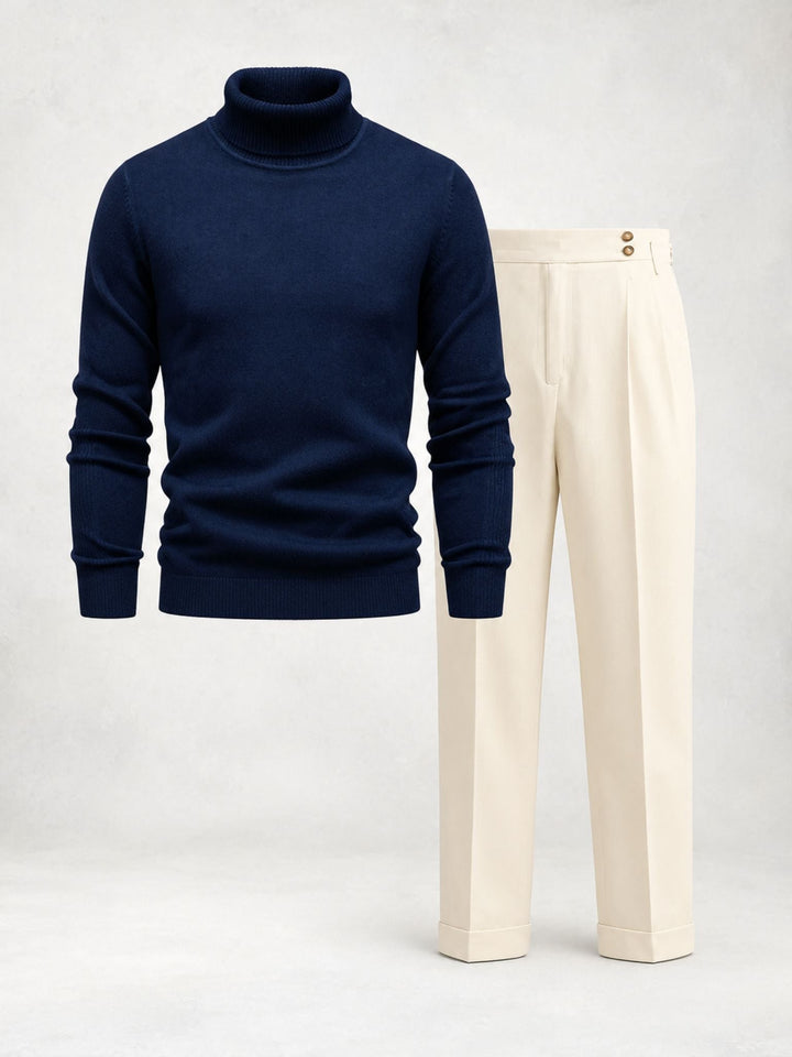 Men's Knit Turtleneck Set with Pleated Trousers