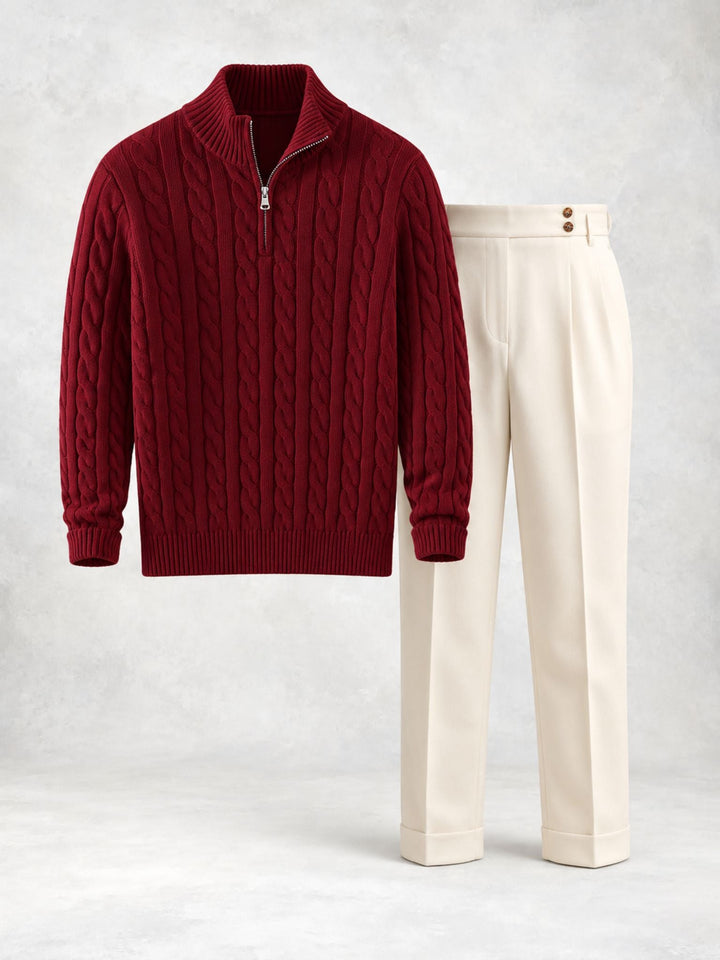 Men's Sweater Set with Twisted Knit Half-Zip and Trousers - Elena Harper