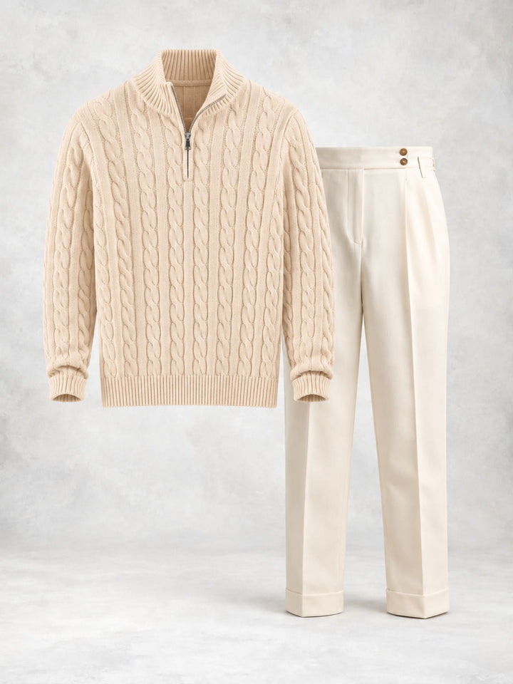 Men's Sweater Set with Twisted Knit Half-Zip and Trousers - Elena Harper