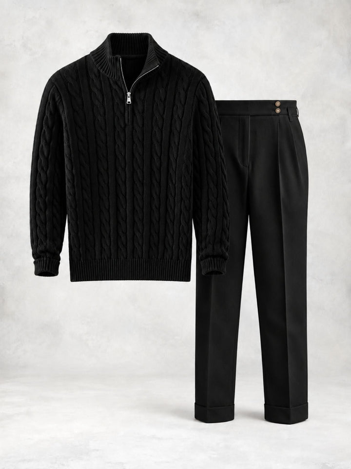 Men's Sweater Set with Twisted Knit Half-Zip and Trousers - Elena Harper