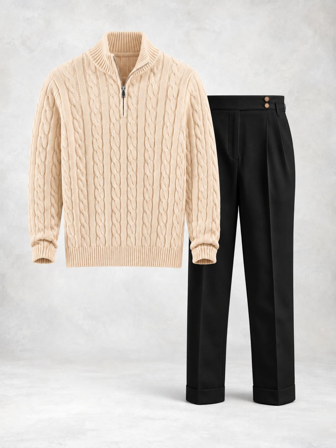 Men's Sweater Set with Twisted Knit Half-Zip and Trousers - Elena Harper