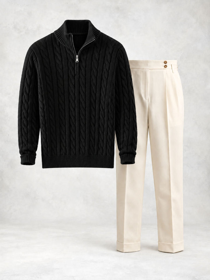 Men's Sweater Set with Twisted Knit Half-Zip and Trousers - Elena Harper