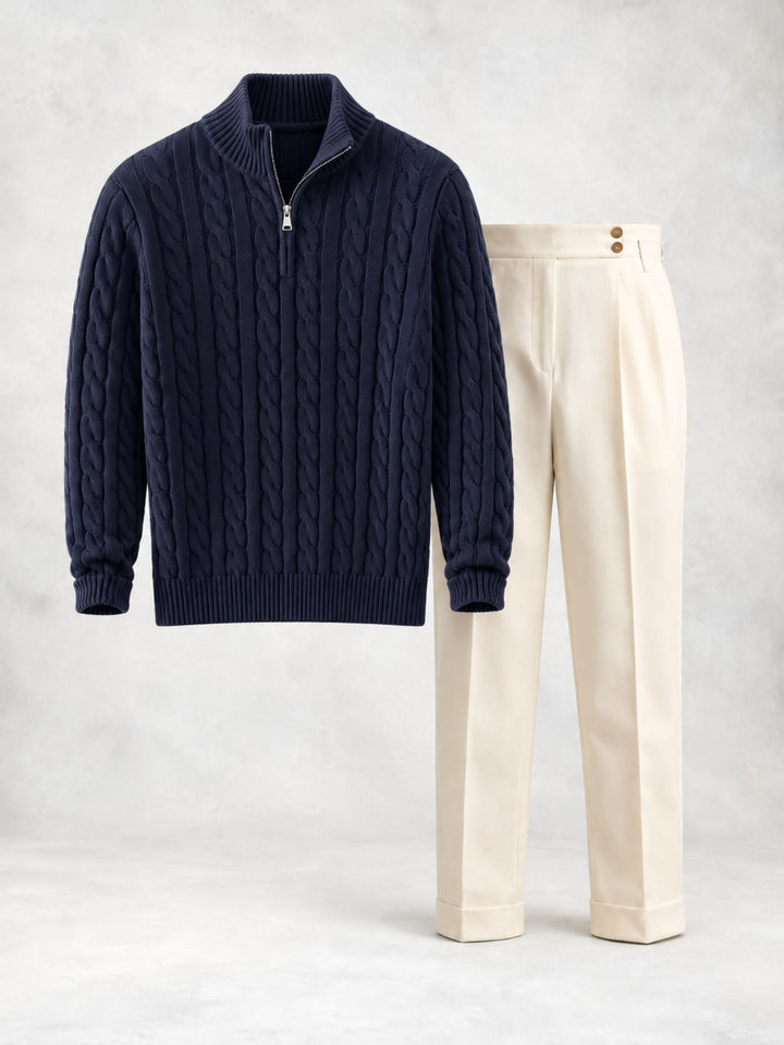Men's Sweater Set with Twisted Knit Half-Zip and Trousers - Elena Harper