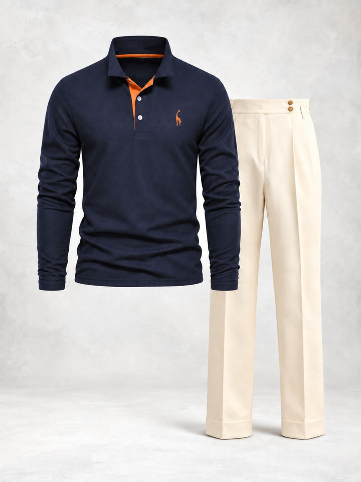 Men's Long Sleeve Polo and Pleated Trousers Set