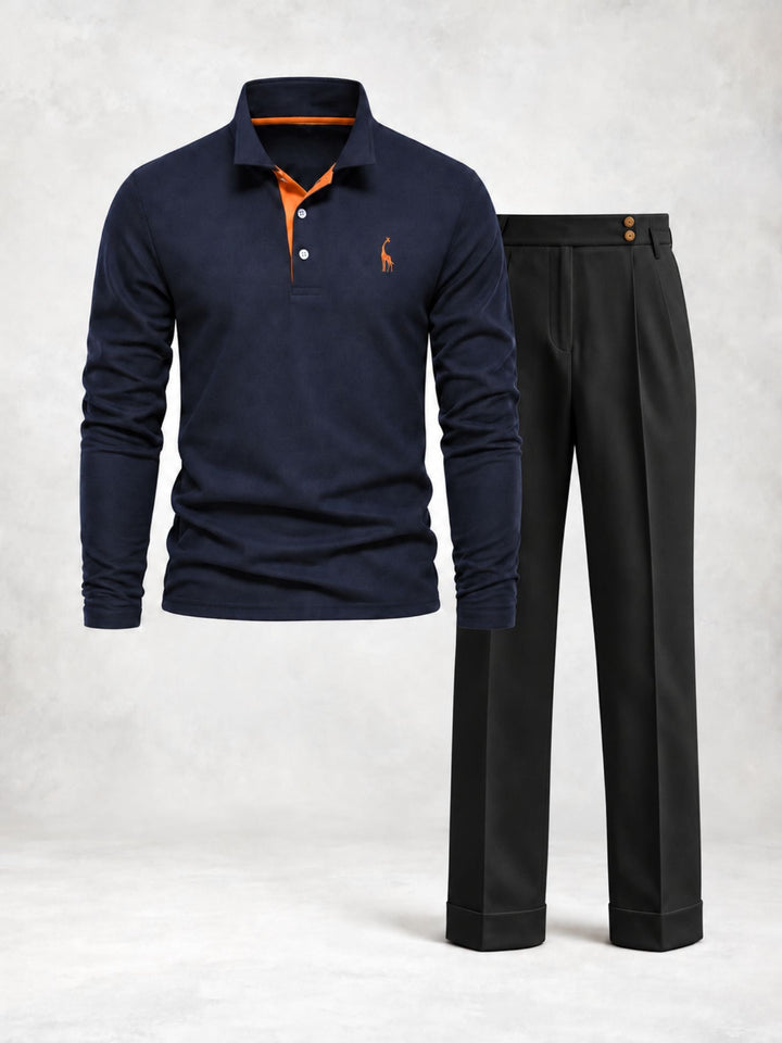 Men's Long Sleeve Polo and Pleated Trousers Set