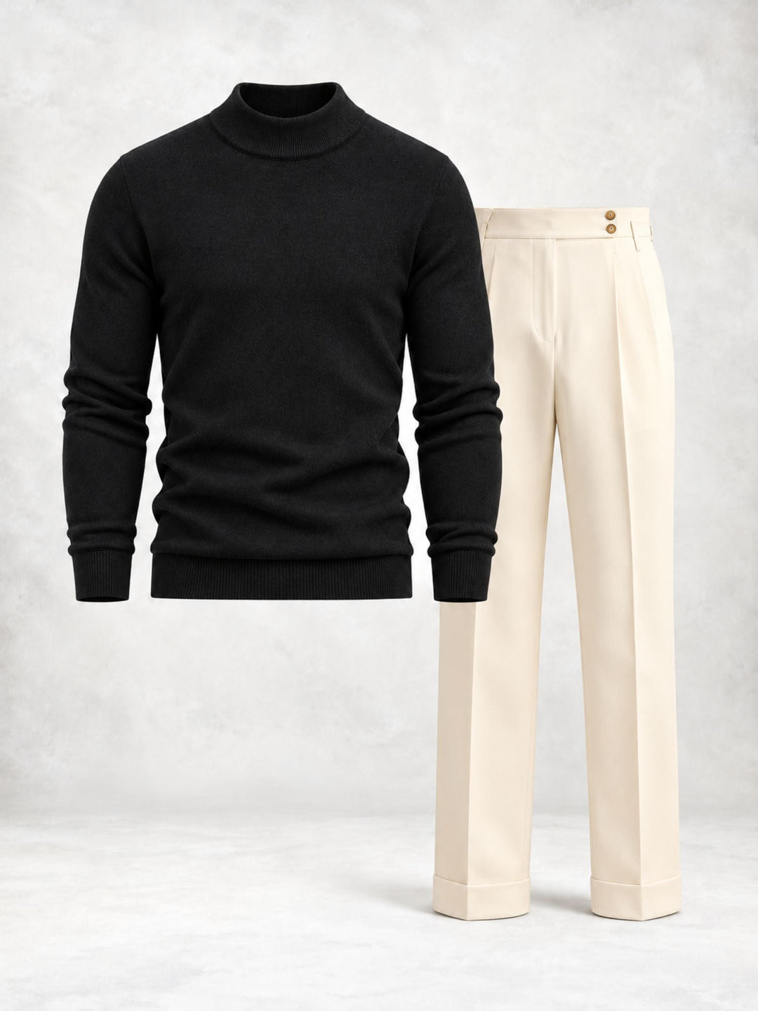 Men's Knit Pullover with High Collar and Pleated Trousers