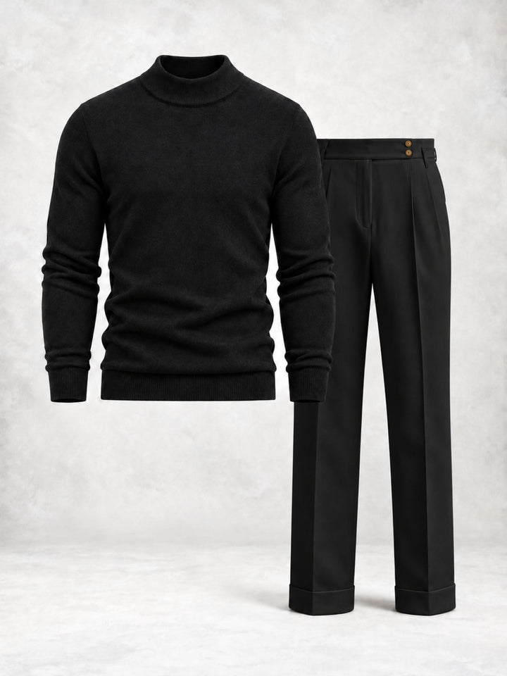 Men's Knit Pullover with High Collar and Pleated Trousers