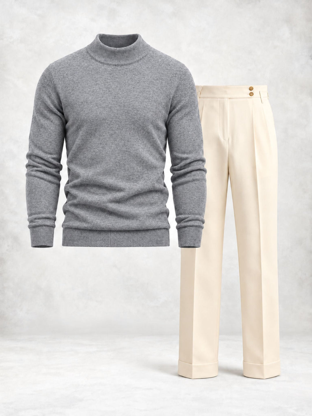 Men's Knit Pullover with High Collar and Pleated Trousers