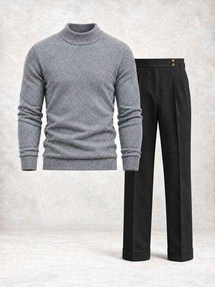 Men's Knit Pullover with High Collar and Pleated Trousers