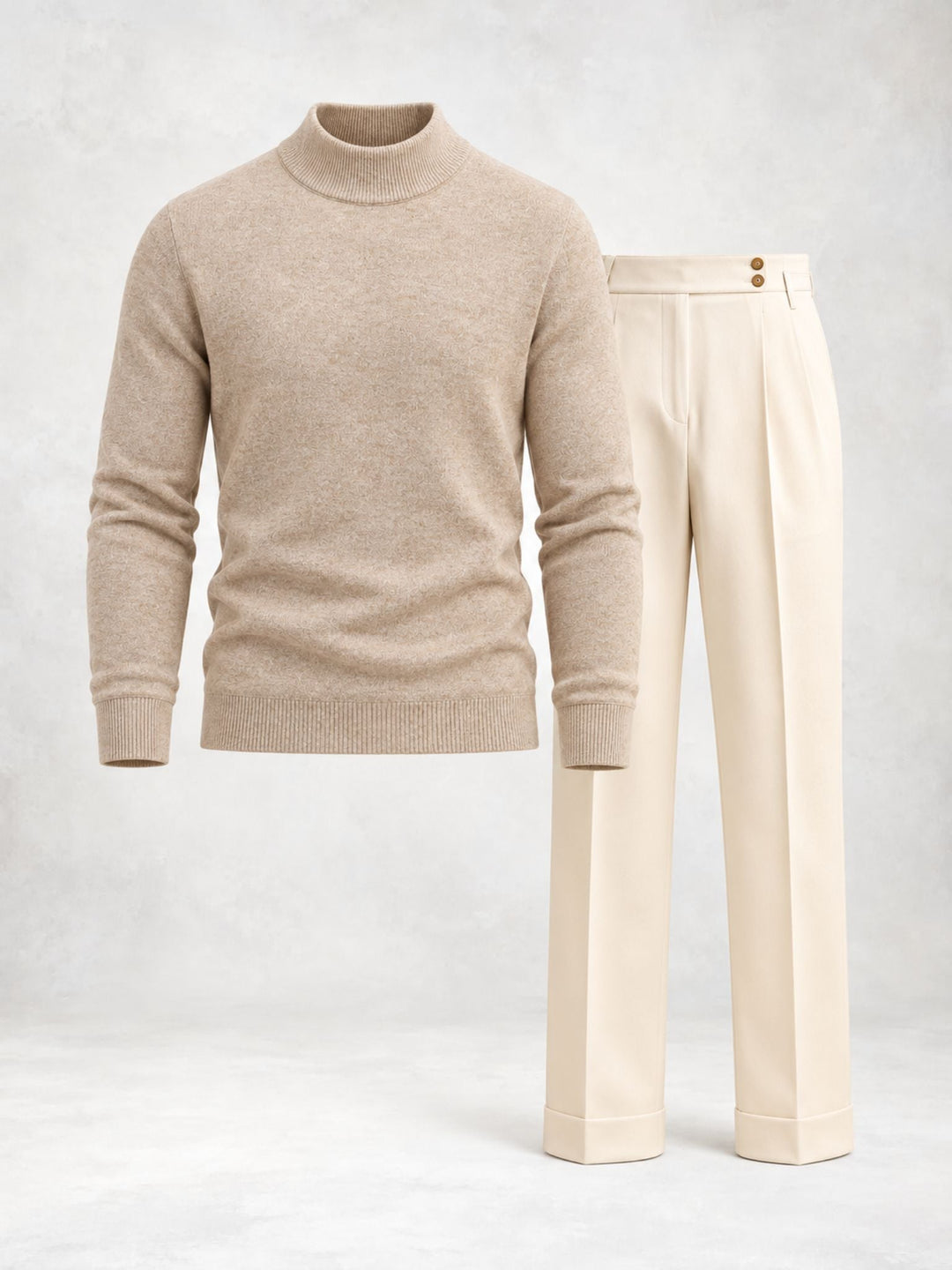 Men's Knit Pullover with High Collar and Pleated Trousers