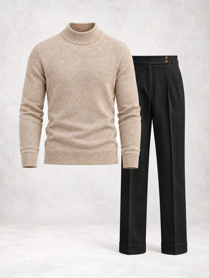 Men's Knit Pullover with High Collar and Pleated Trousers