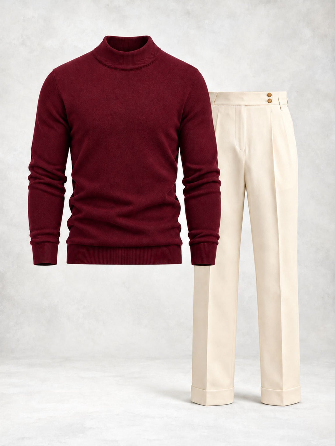 Men's Knit Pullover with High Collar and Pleated Trousers