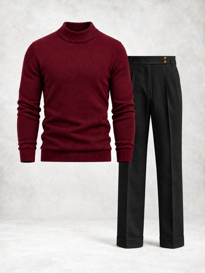 Men's Knit Pullover with High Collar and Pleated Trousers