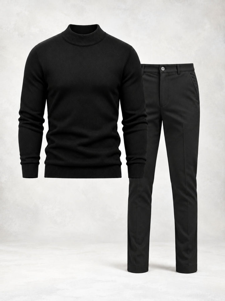 Men's Knit Sweater with High Collar and Straight Pants