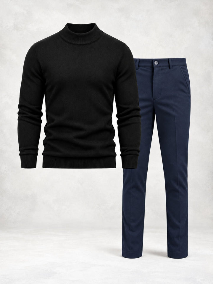 Men's Knit Sweater with High Collar and Straight Pants