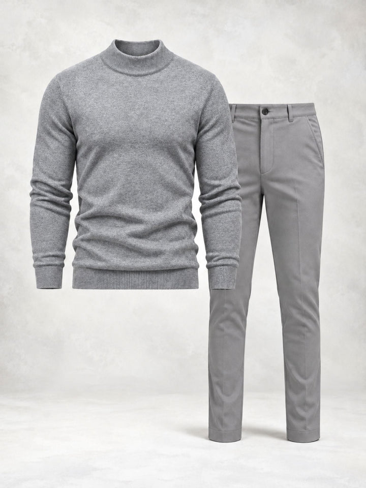 Men's Knit Sweater with High Collar and Straight Pants