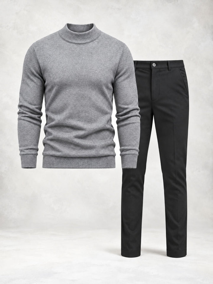Men's Knit Sweater with High Collar and Straight Pants