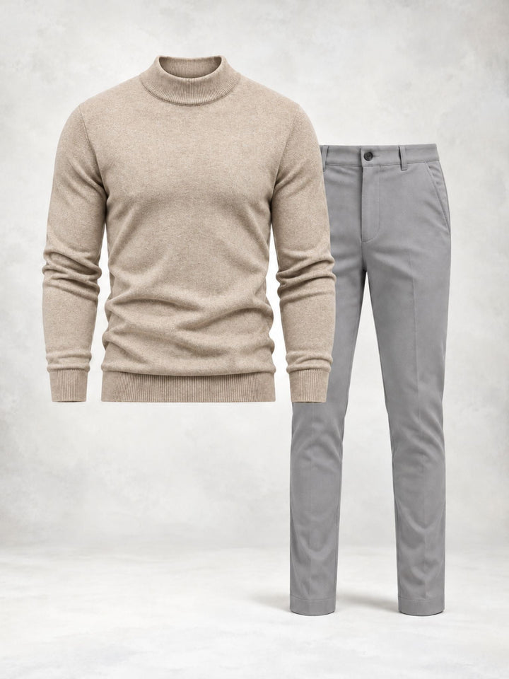 Men's Knit Sweater with High Collar and Straight Pants