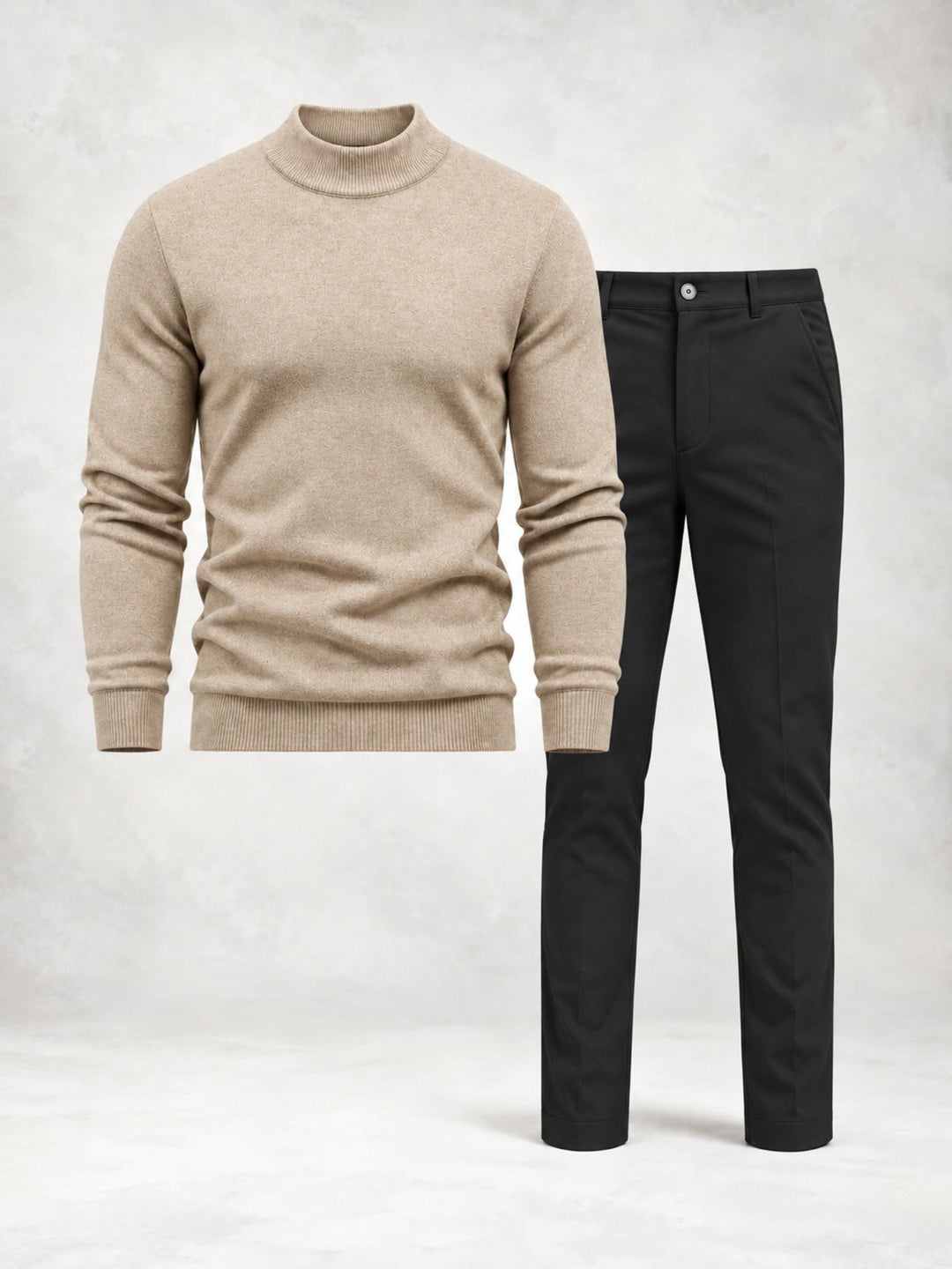 Men's Knit Sweater with High Collar and Straight Pants