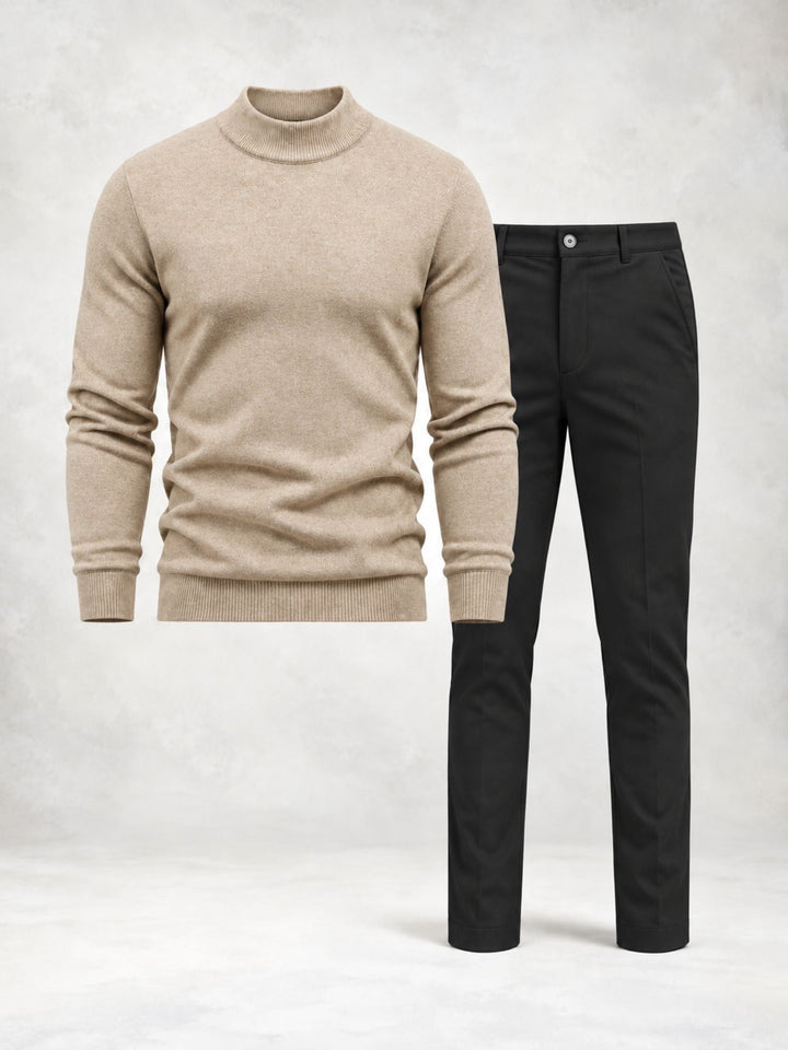 Men's Knit Sweater with High Collar and Straight Pants