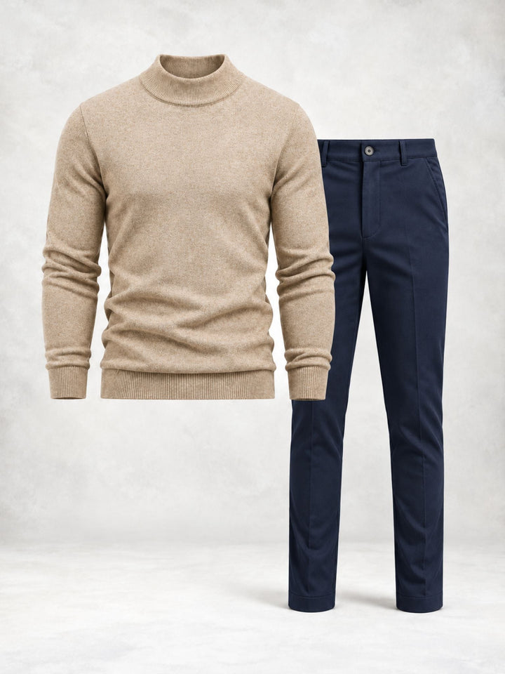 Men's Knit Sweater with High Collar and Straight Pants