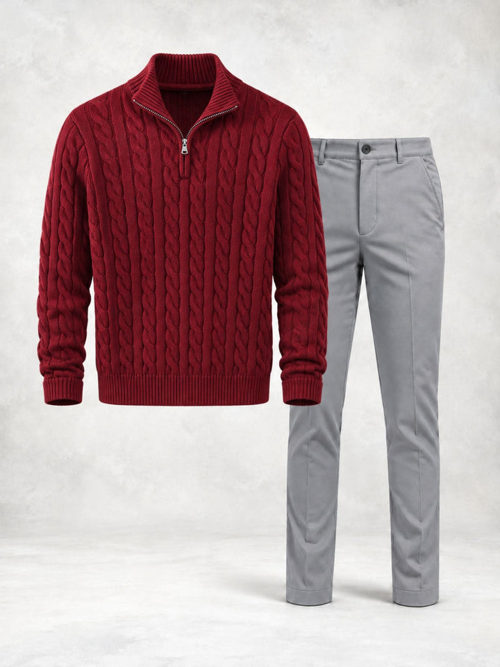 Men's Twisted Knit Sweater with High Collar and Pants