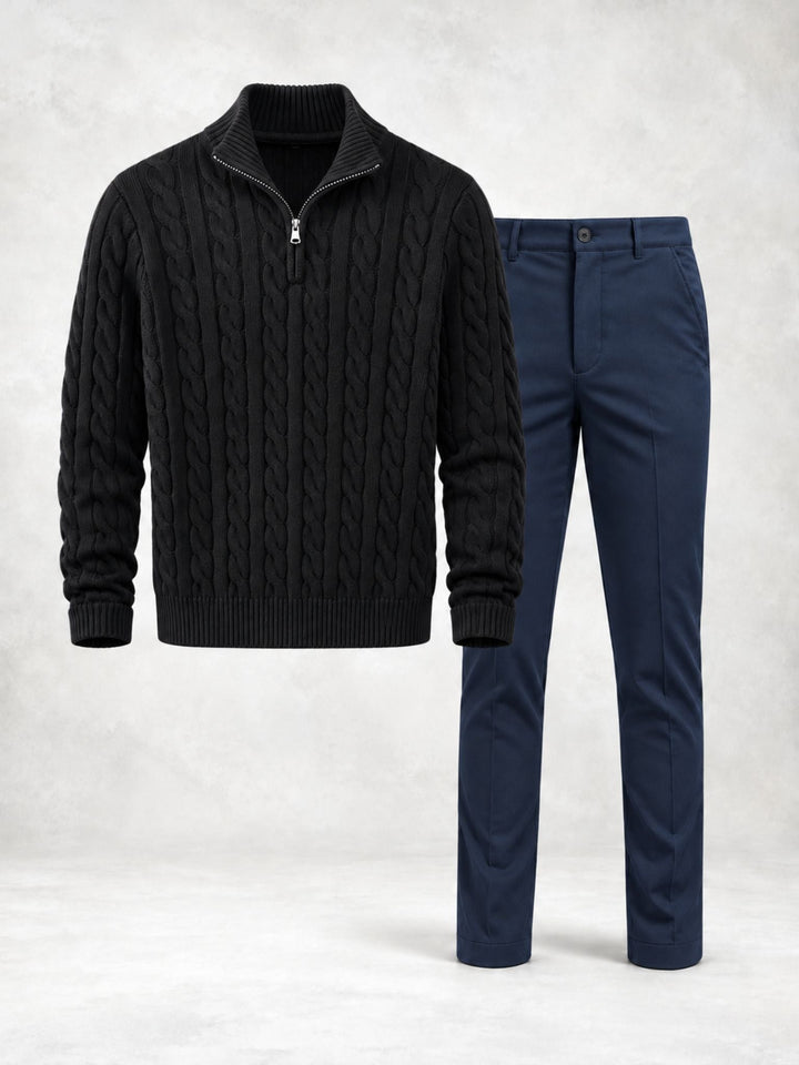 Men's Twisted Knit Sweater with High Collar and Pants