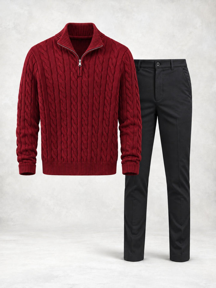 Men's Twisted Knit Sweater with High Collar and Pants