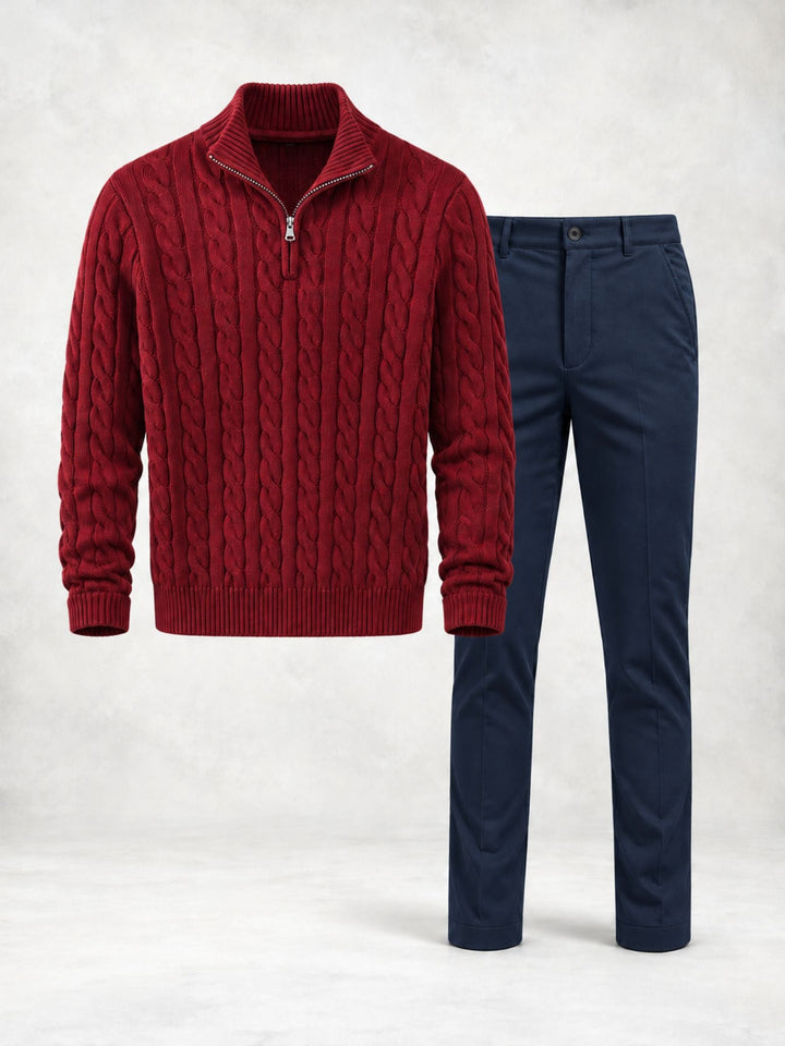 Men's Twisted Knit Sweater with High Collar and Pants