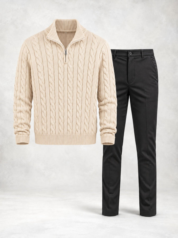 Men's Twisted Knit Sweater with High Collar and Pants