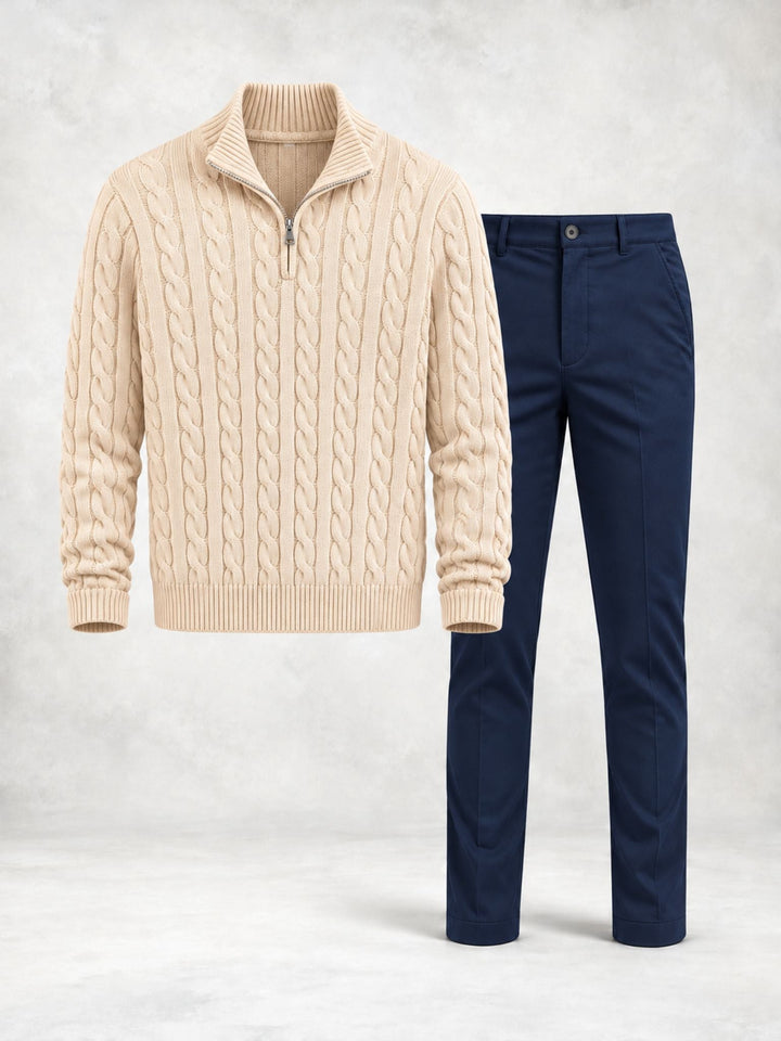 Men's Twisted Knit Sweater with High Collar and Pants