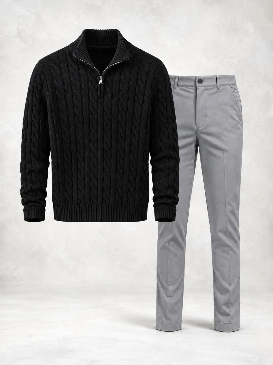 Men's Twisted Knit Sweater with High Collar and Pants