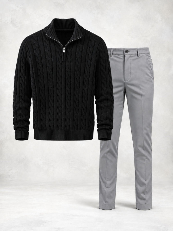 Men's Twisted Knit Sweater with High Collar and Pants