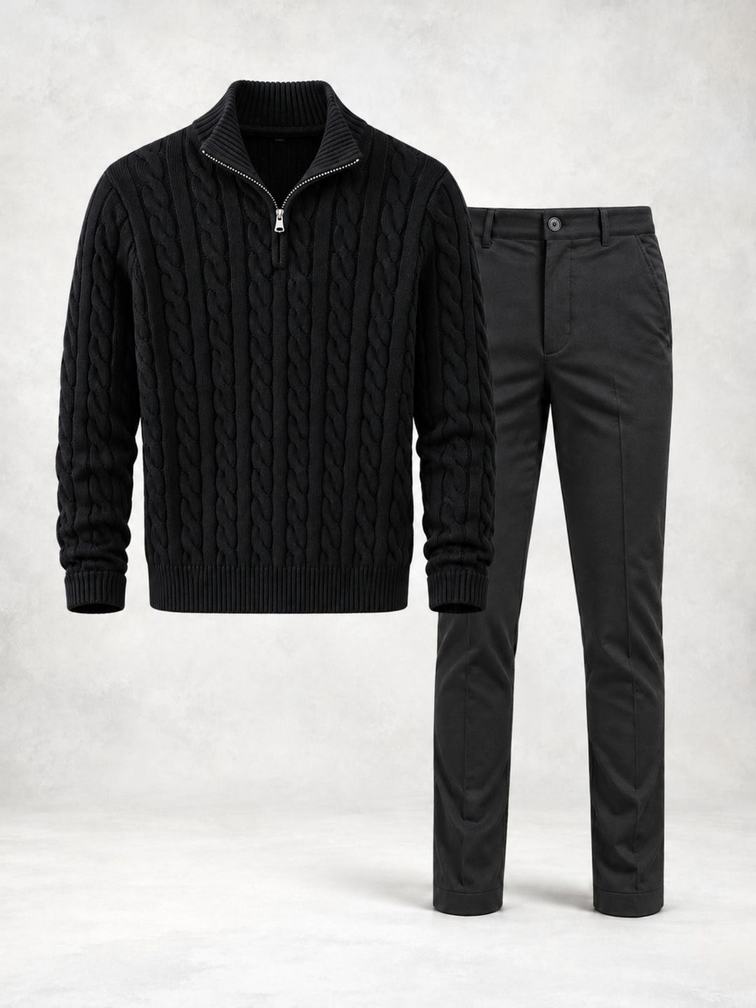 Men's Twisted Knit Sweater with High Collar and Pants