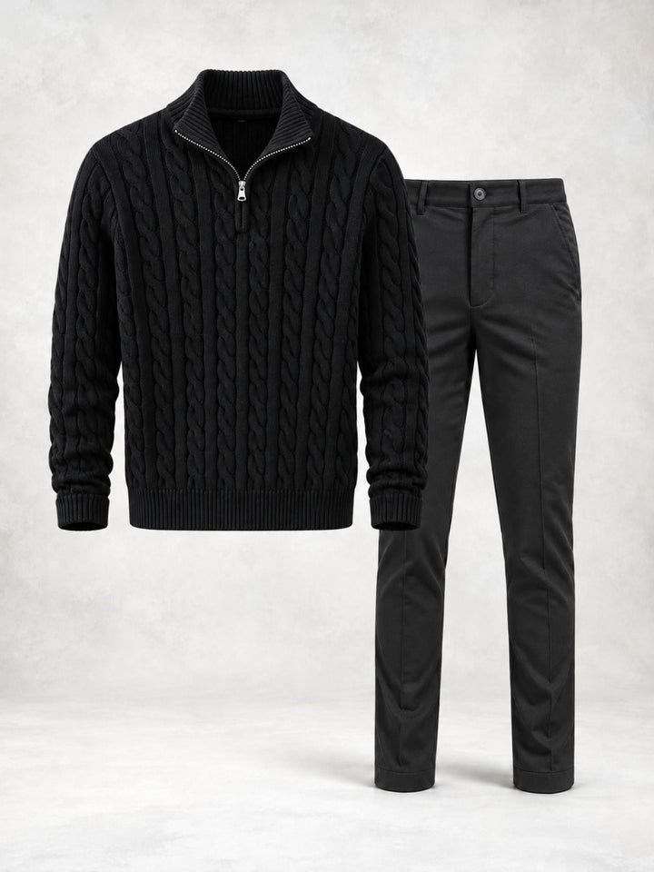 Men's Twisted Knit Sweater with High Collar and Pants