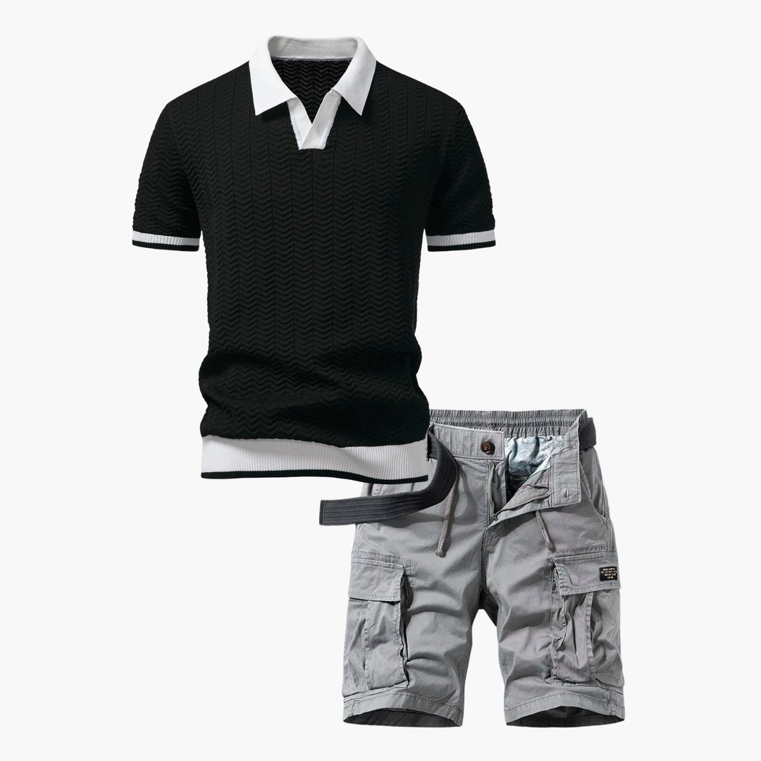 Textured polo set and cargo shorts for men