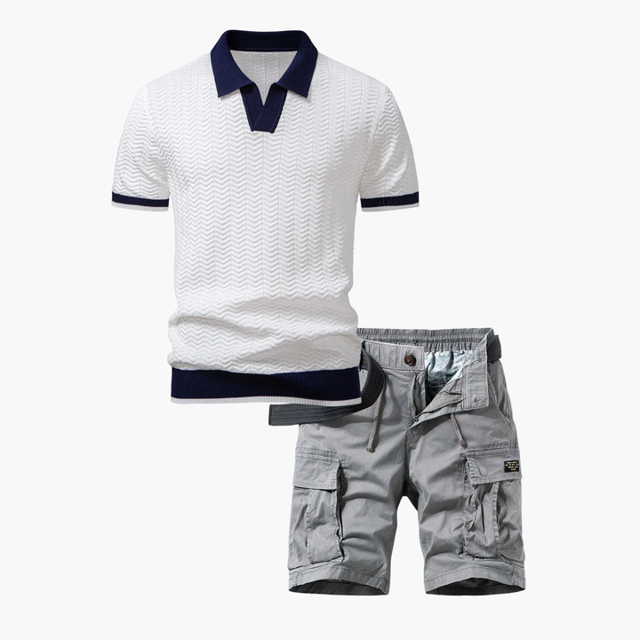 Textured polo set and cargo shorts for men