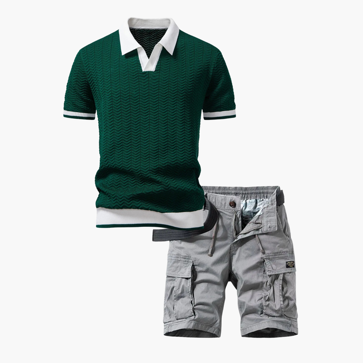 Textured polo set and cargo shorts for men