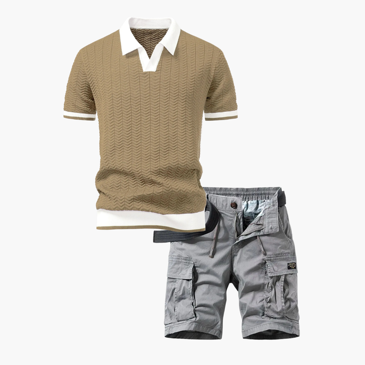 Textured polo set and cargo shorts for men