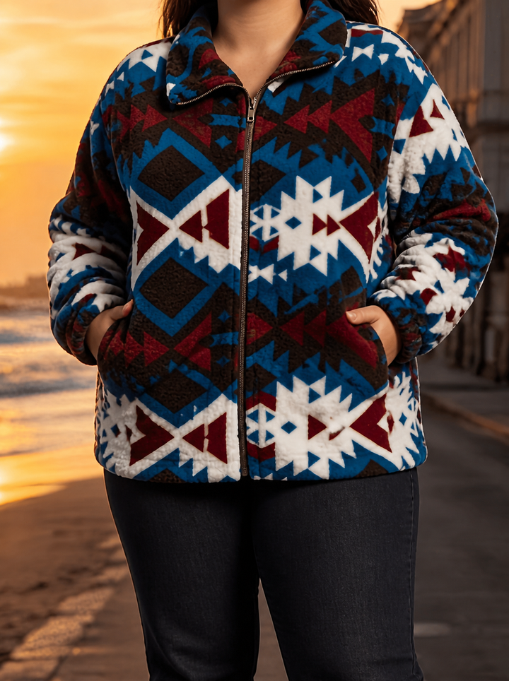 Women's Geometric Sherpa Jacket with Full Zip - Elena Harper