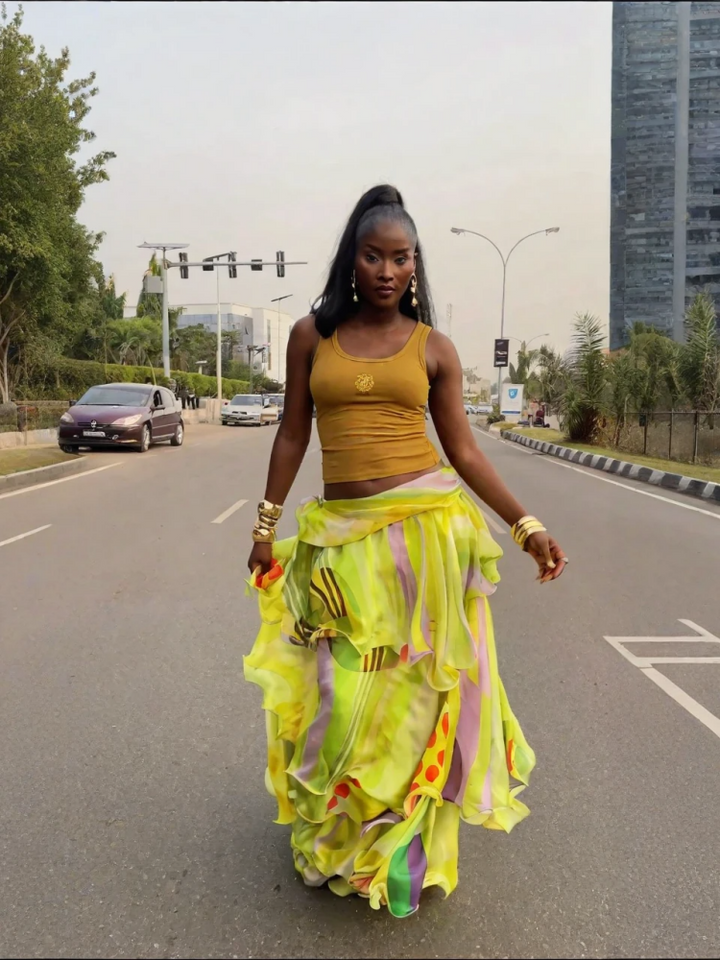 Lemon Yellow Abstract Ruffle Wrap Skirt