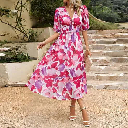 Women's Puff Sleeve Midi Dress with Cinched Waist, view 4 - Elena Harper