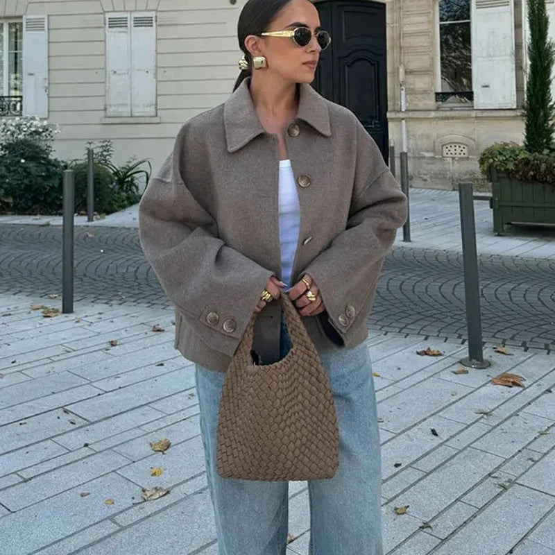 Short Women's Coat with Notched Collar - Chic and Soft