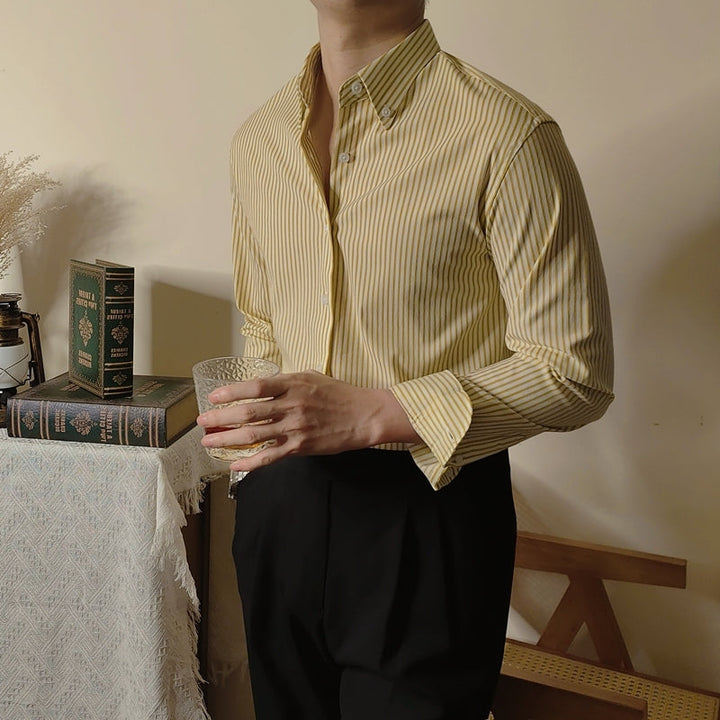 Men's Slim Fit Long Sleeve Shirt with Button Down Collar and Striped Pattern Business Casual Style, view 4 - Elena Harper